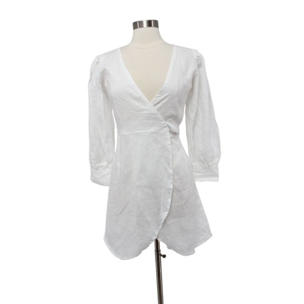 NWT Aura White Linen Tie Waist Wrap Tunic Top Size XS Modest Laggen Look